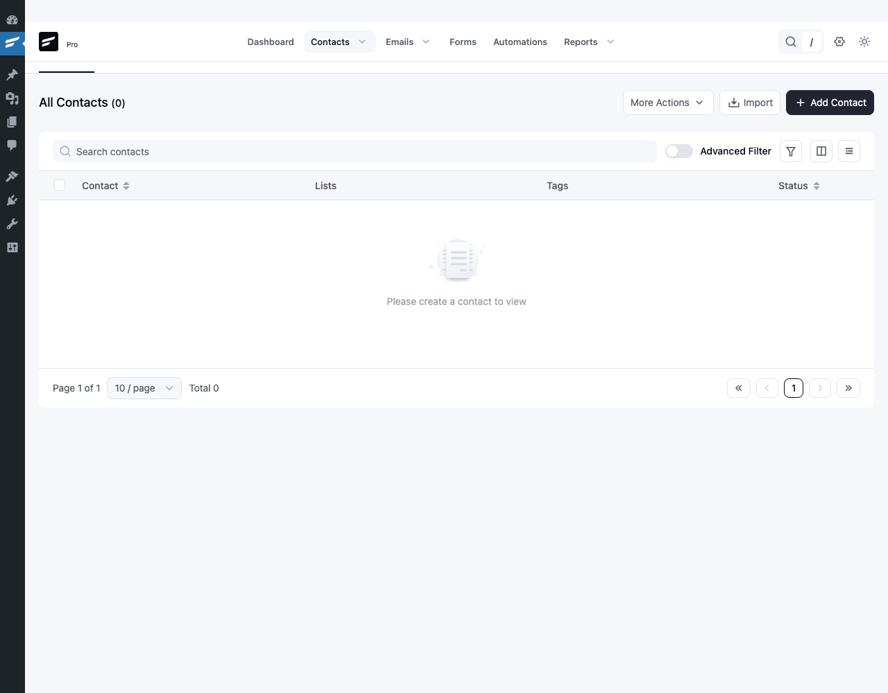 FluentCRM Contacts list FluentCRM Contacts list showing search bar, Advanced Filter toggle, columns for Contact/Lists/Tags/Status, pagination, and Import + Add Contact buttons