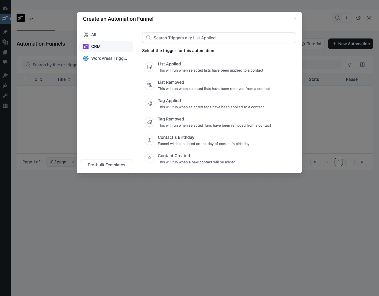 FluentCRM trigger picker Create an Automation Funnel modal showing categories All / CRM / WordPress Triggers / Pre-built Templates on the left, and triggers like List Applied, List Removed, Tag Applied, Tag Removed, Contact's Birthday, Contact Created on the right