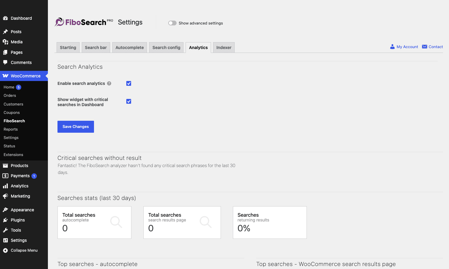FiboSearch Analytics dashboard FiboSearch Analytics dashboard showing enable toggle, dashboard widget toggle, critical searches section, and search stats blocks