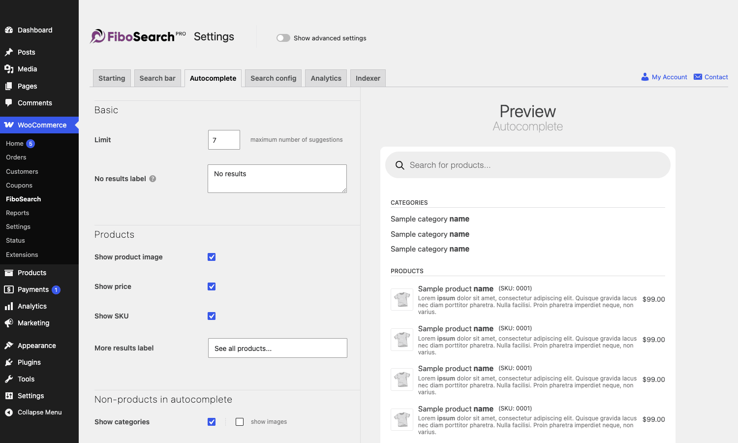 FiboSearch Autocomplete settings FiboSearch Autocomplete settings with toggles for image, price, SKU, and a live dropdown preview