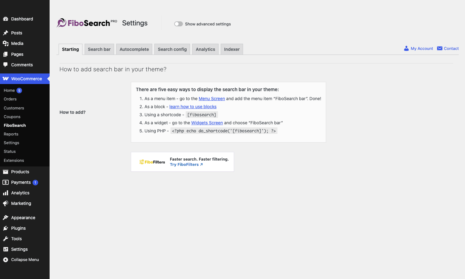 FiboSearch Starting tab FiboSearch Starting tab listing the five ways to add the search bar to a theme