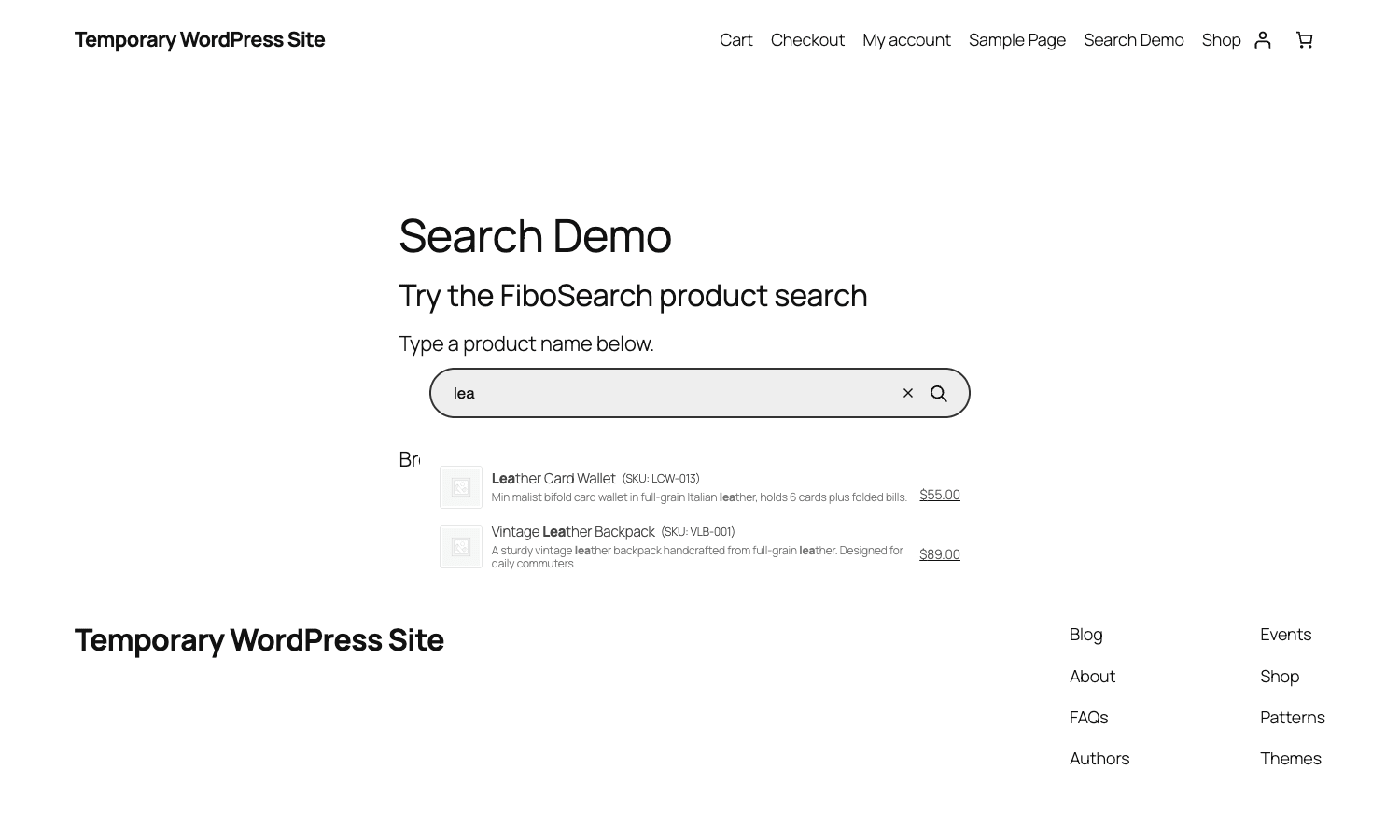 FiboSearch front-end dropdown FiboSearch dropdown showing product cards with bolded matches, SKU, snippet, and price on the front end