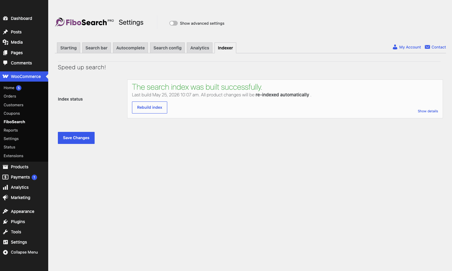 FiboSearch Indexer status FiboSearch Indexer tab showing a green "search index was built successfully" status