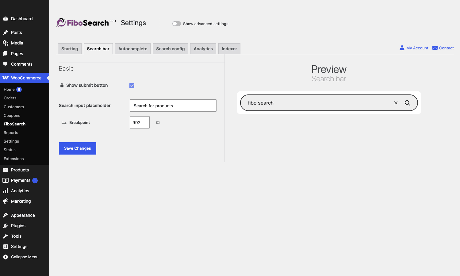 FiboSearch Search bar settings with live preview FiboSearch Search bar settings panel with live preview of the input on the right
