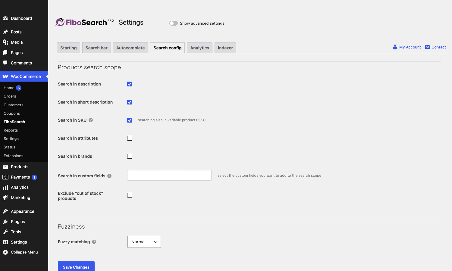 FiboSearch Search config FiboSearch Search config showing checkboxes for searching in description, short description, SKU, attributes, brands, and a fuzziness dropdown