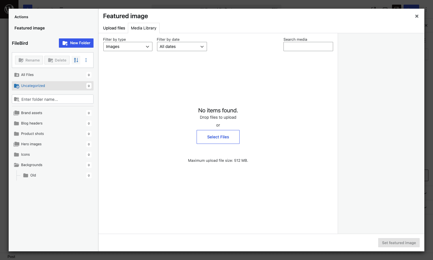 FileBird sidebar in the block editor media modal Block editor Add Media modal with FileBird folder sidebar visible