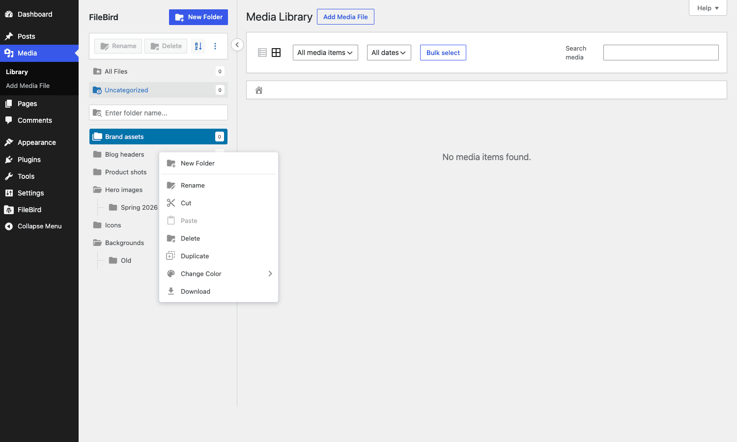 FileBird right-click context menu FileBird right-click context menu with New folder, Rename, Move, Download, Delete options