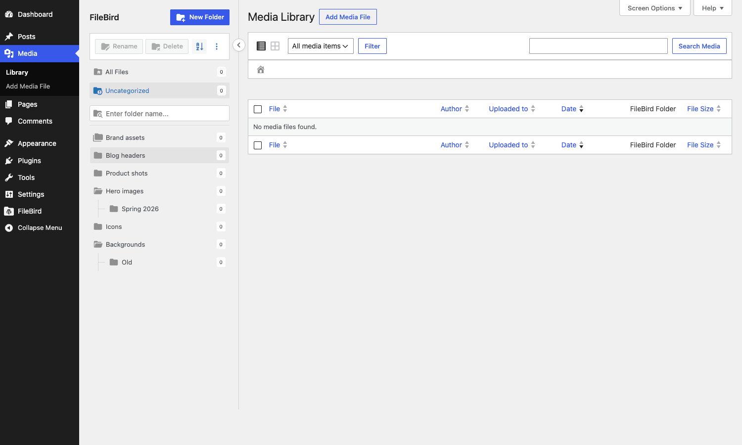 FileBird list view with folder column FileBird list view with the folder column visible alongside attachment metadata