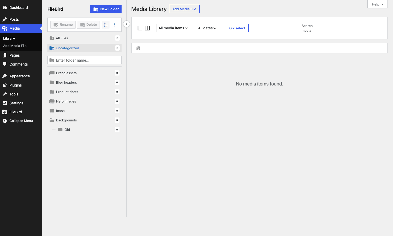 FileBird folder tree in the media library FileBird folder tree in the WordPress media library with multiple folders and images organized