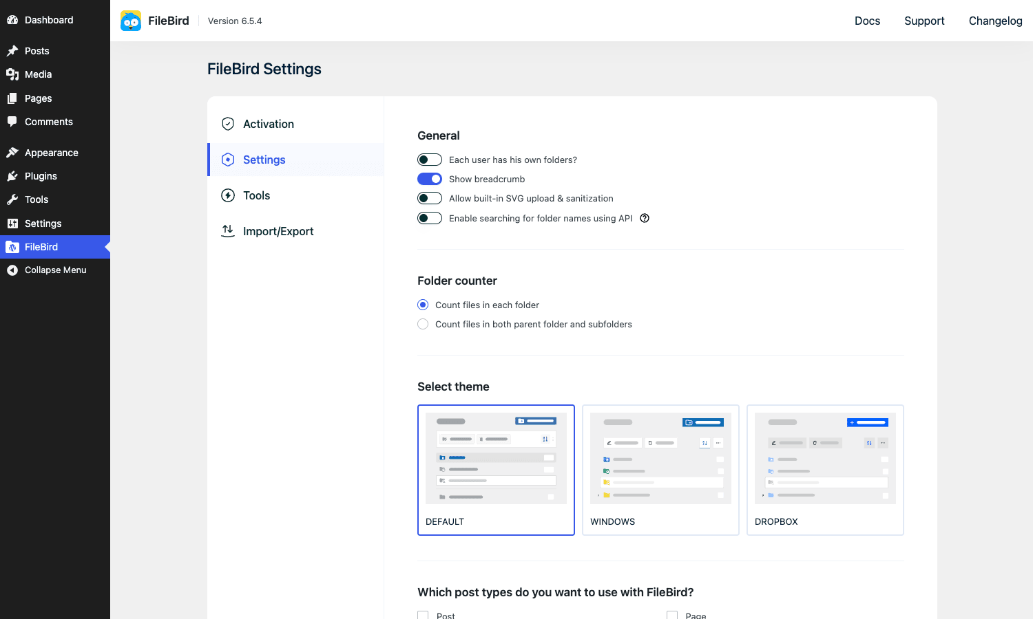 FileBird settings panel FileBird Settings panel with sort order, default folder, search API, and per-user toggles