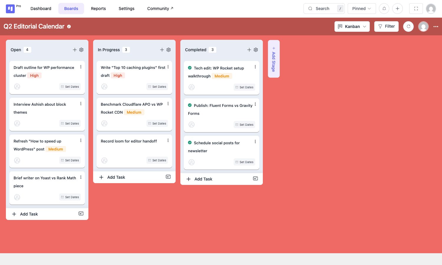 Fluent Boards Pro Kanban board view Fluent Boards Pro Kanban board view with three stages and ten populated task cards
