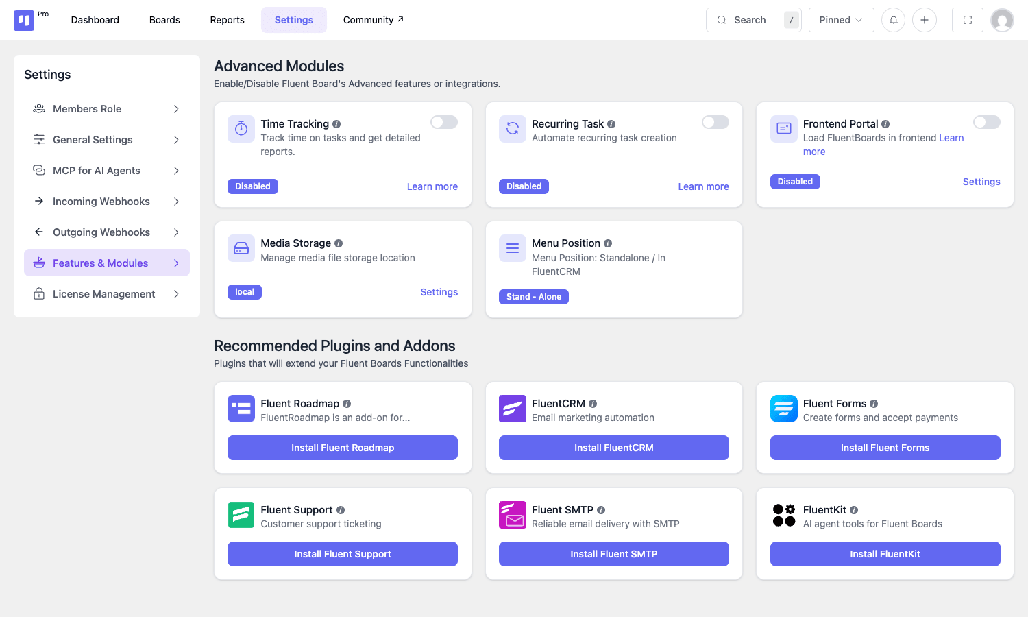 Fluent Boards Pro Features and Modules Fluent Boards Pro Features and Modules page with toggles for Time Tracking, Recurring Task, Frontend Portal, and Media Storage