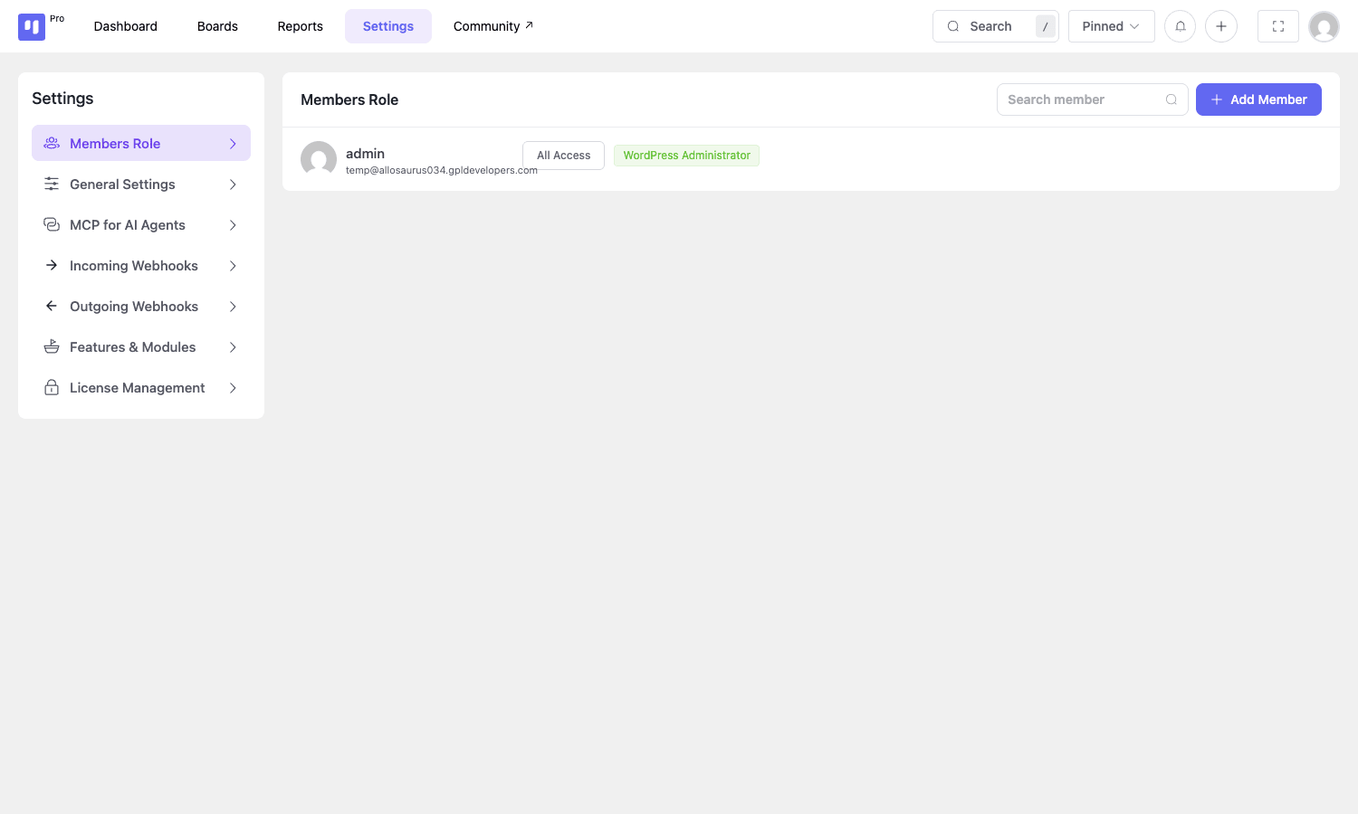 Fluent Boards Pro Settings Fluent Boards Pro Settings page showing the Members Role view
