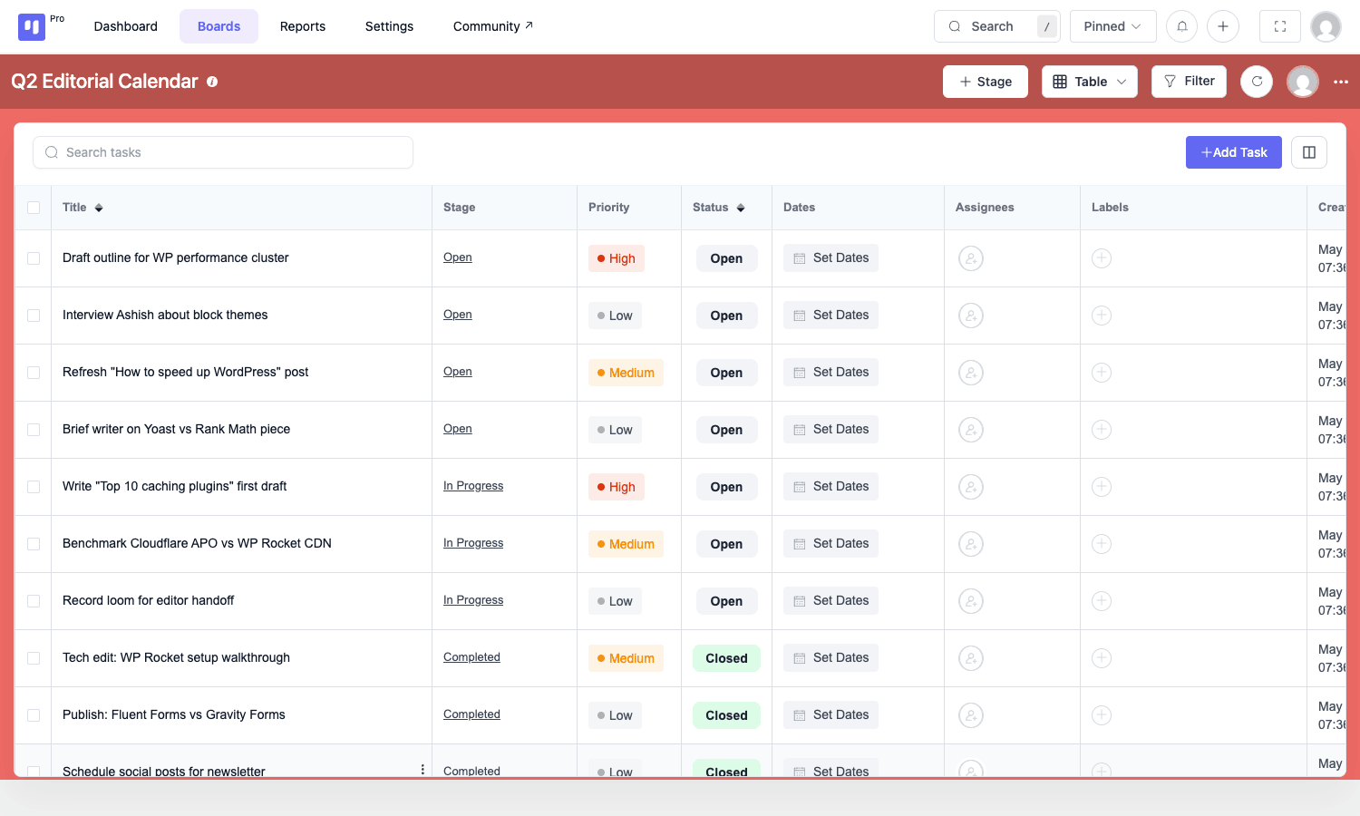 Fluent Boards Pro Table view Fluent Boards Pro Table view with sortable columns and ten tasks listed