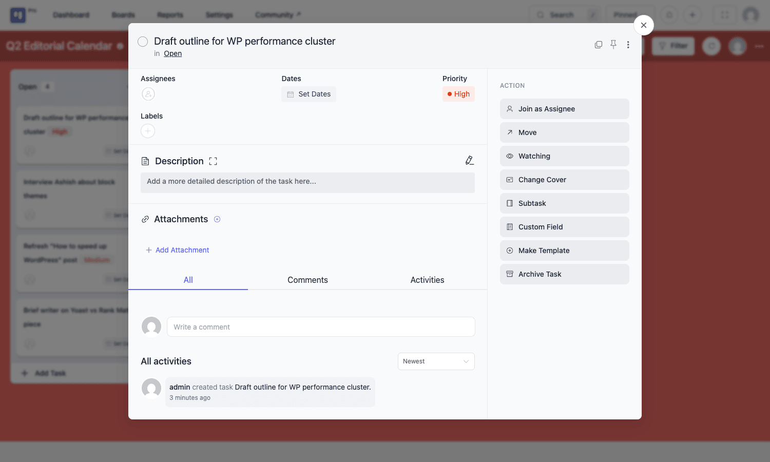 Fluent Boards Pro task detail Fluent Boards Pro task detail modal with description, attachments, comments, and the side action panel