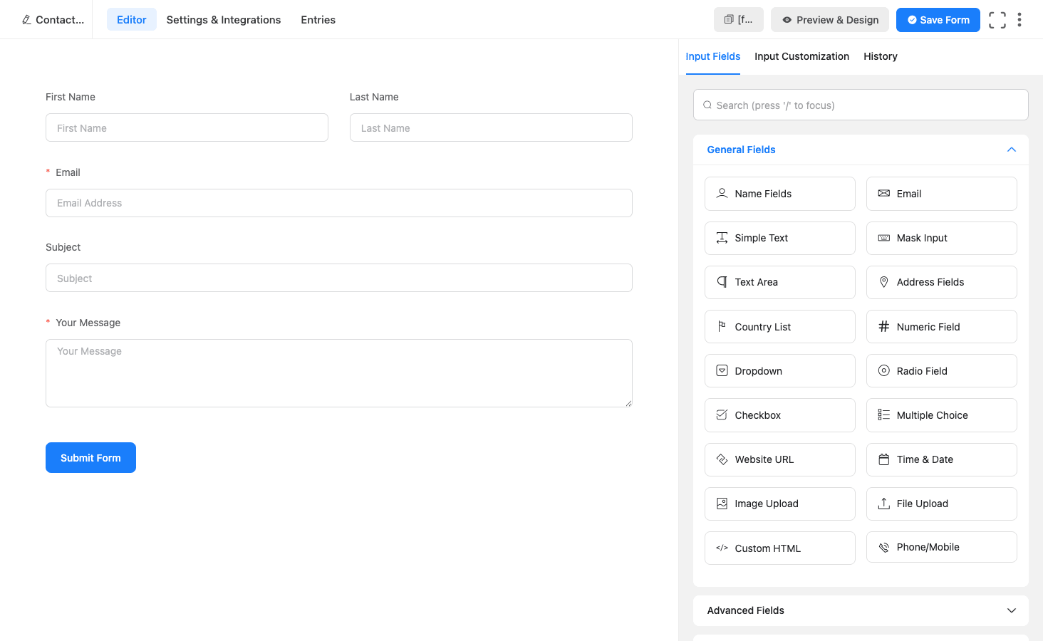 Fluent Forms drag-drop form builder Fluent Forms drag-drop form builder with First Name, Last Name, Email, Subject, and Your Message fields on canvas, and General Fields palette on right with all input types