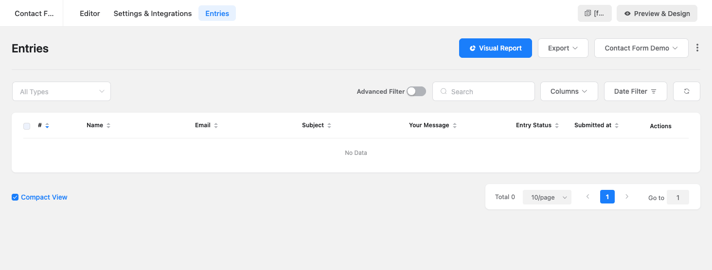 Fluent Forms Entries Fluent Forms Entries view with Name, Email, Subject, Your Message, Entry Status, Submitted at columns plus Visual Report, Export, Advanced Filter, and Date Filter controls