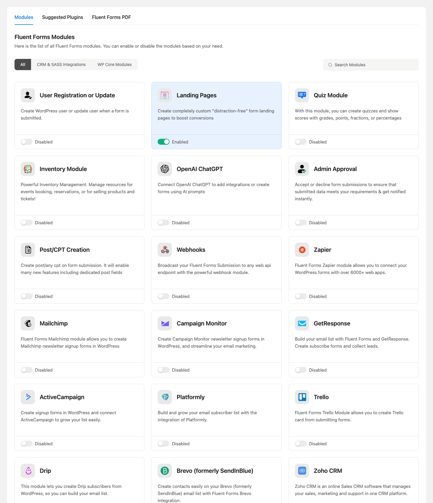 Fluent Forms 50+ integrations grid Fluent Forms integration modules grid with User Registration, Landing Pages, Quiz, Inventory, OpenAI, Admin Approval, Webhooks, Zapier, Mailchimp, Campaign Monitor, GetResponse, ActiveCampaign, Platformly, Trello, Drip, Brevo, Zoho CRM modules