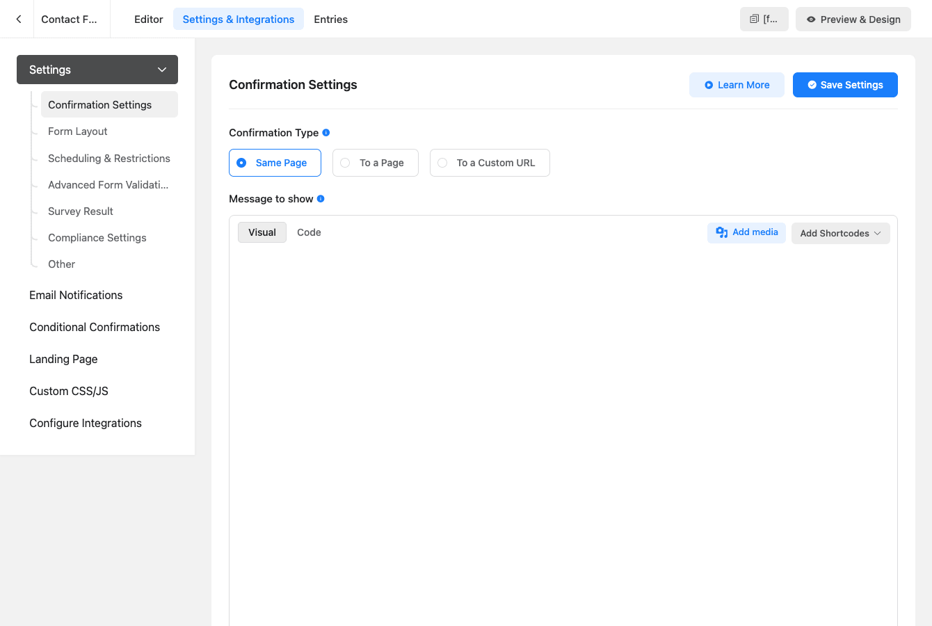Fluent Forms Settings & Integrations Fluent Forms Settings panel with Confirmation Settings, Form Layout, Scheduling, Validation, Survey, Compliance, Email Notifications, Conditional Confirmations, Landing Page, Custom CSS/JS, and Configure Integrations sections