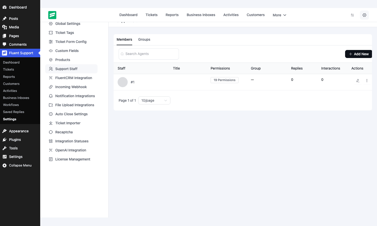 Fluent Support support staff settings showing an agent with a nineteen-permissions badge, the members and groups tabs, and the full settings navigation