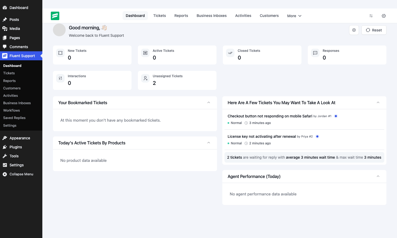 Fluent Support Pro dashboard in wp-admin showing ticket counts, bookmarked tickets, and agent performance widgets