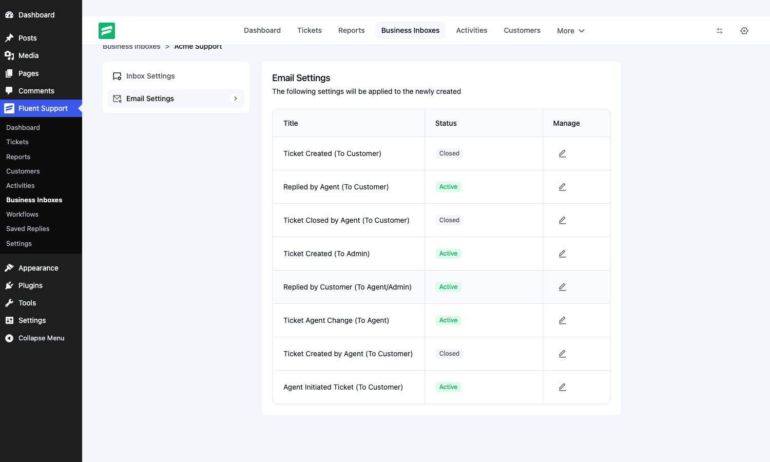 Fluent Support email settings showing the notification matrix with triggers like Ticket Created, Replied by Agent, and Ticket Closed, each with an active status
