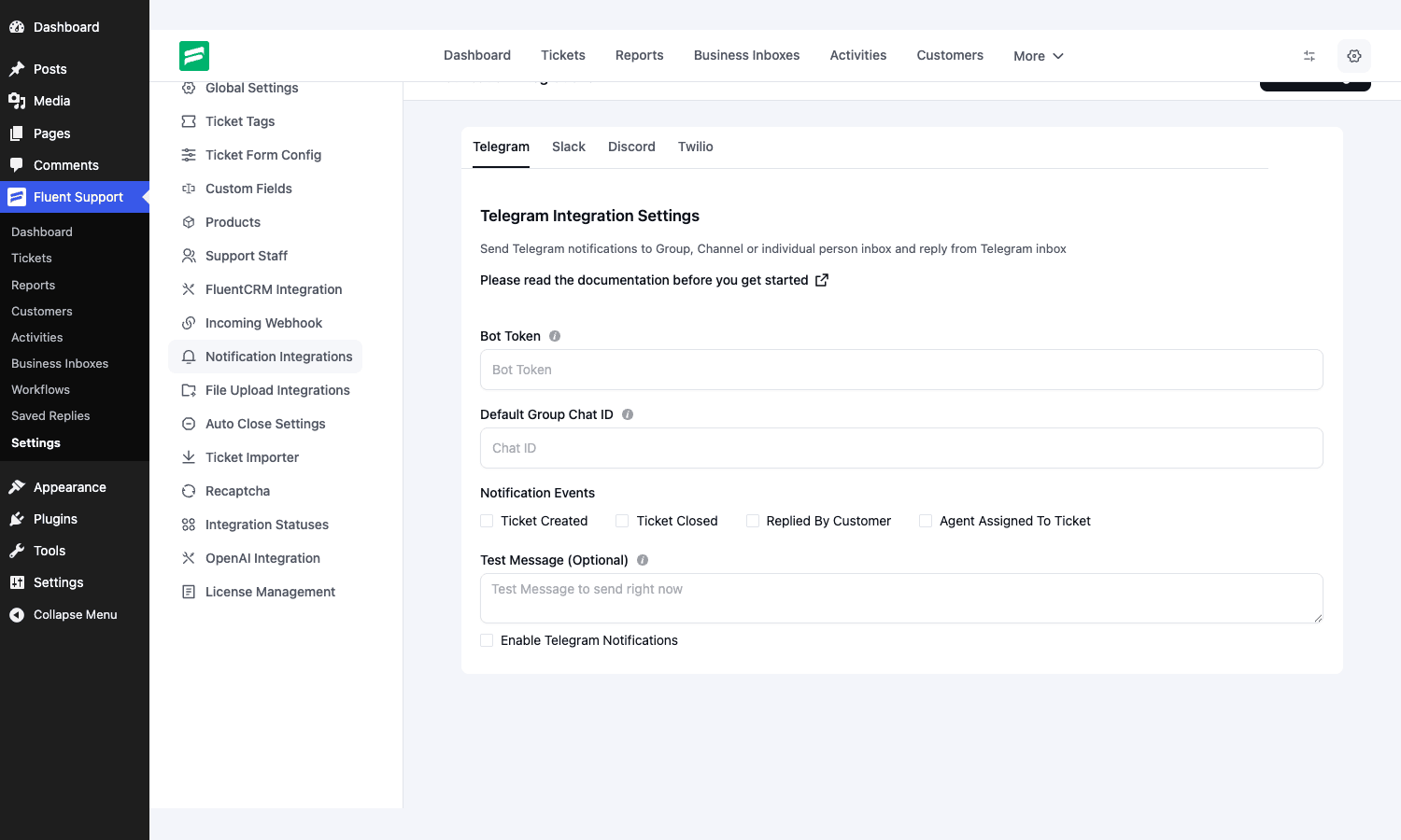 Fluent Support notification integrations panel with Telegram, Slack, Discord, and Twilio tabs, showing the Telegram bot token and notification event options