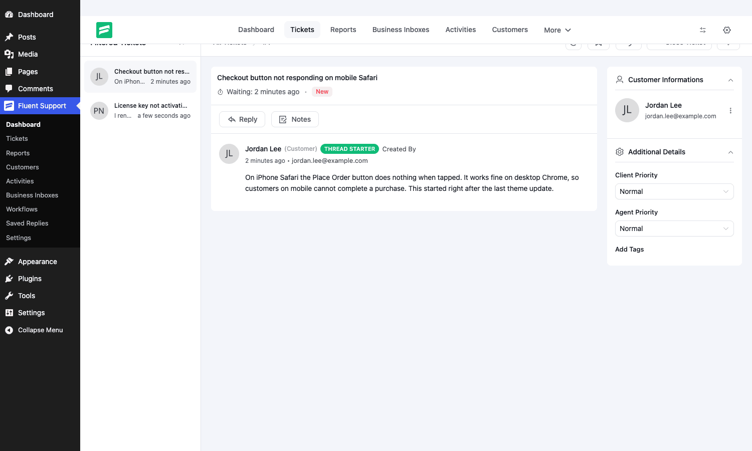 Fluent Support ticket conversation view with the message thread, customer information panel, and client and agent priority dropdowns
