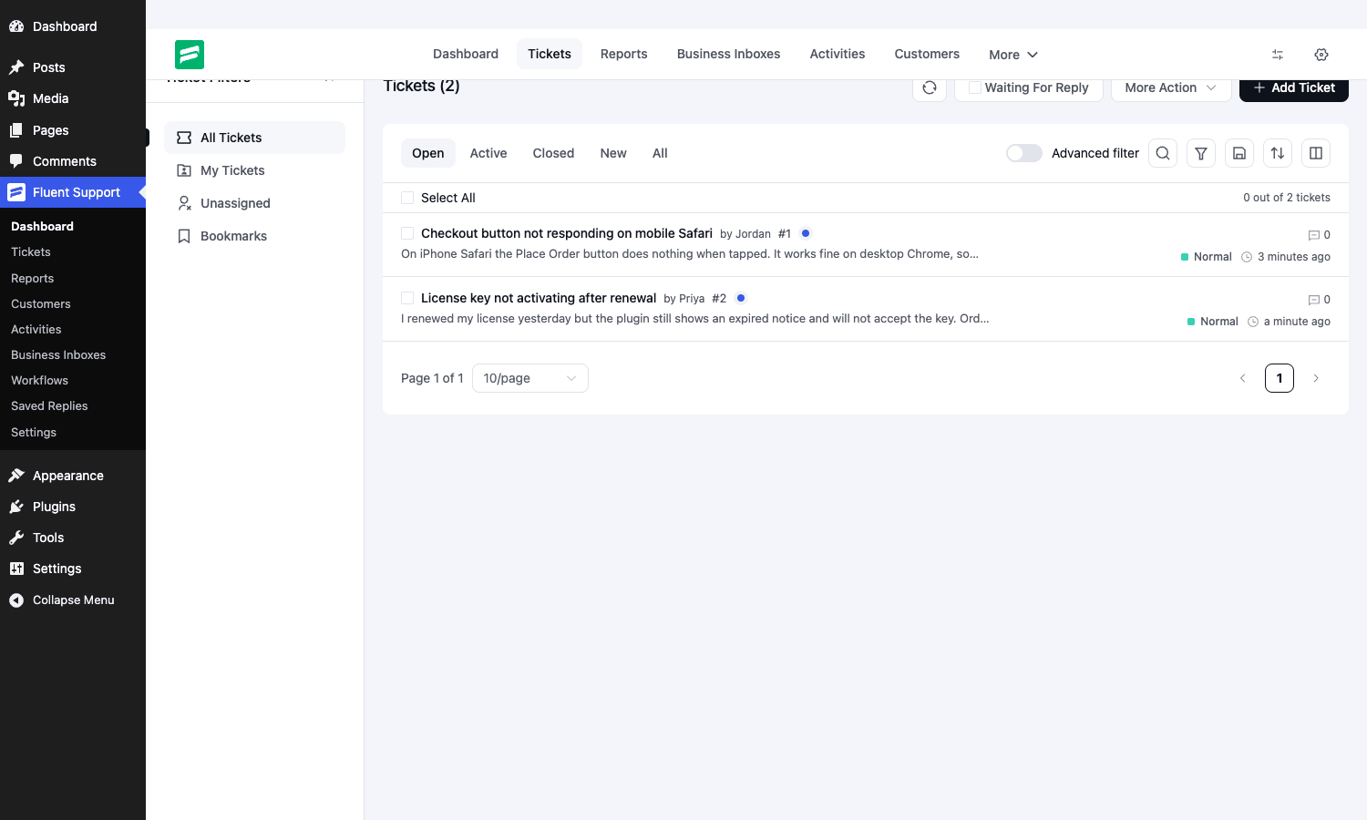 Fluent Support tickets list with status filters, an advanced filter toggle, and two open tickets showing priority badges and wait times
