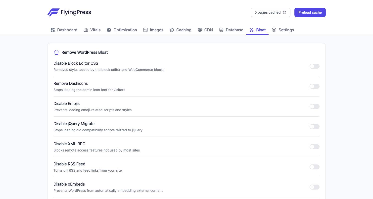 FlyingPress Bloat FlyingPress Bloat tab showing toggles to disable Block Editor CSS, Dashicons, Emojis, jQuery Migrate, XML-RPC, RSS Feed, and oEmbeds