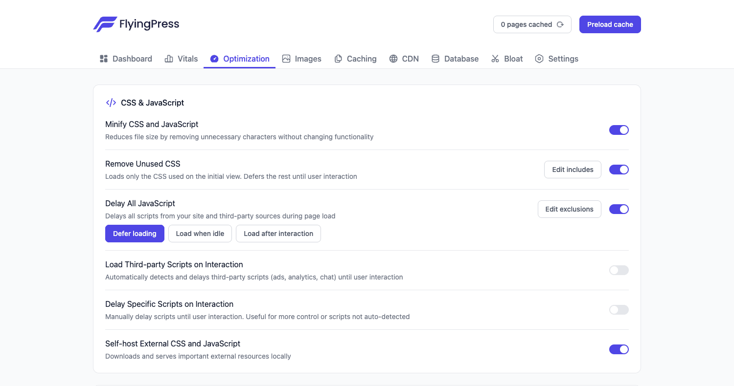 FlyingPress Optimization FlyingPress Optimization tab showing CSS and JavaScript settings with Minify, RUCSS, Delay JS, and self-host toggles
