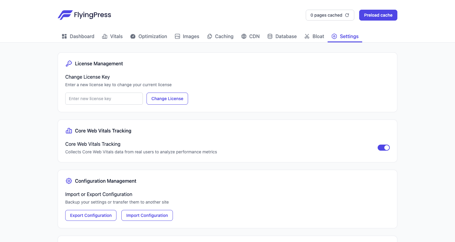 FlyingPress Settings FlyingPress Settings tab with License Management, Core Web Vitals Tracking toggle, and Configuration Management import/export