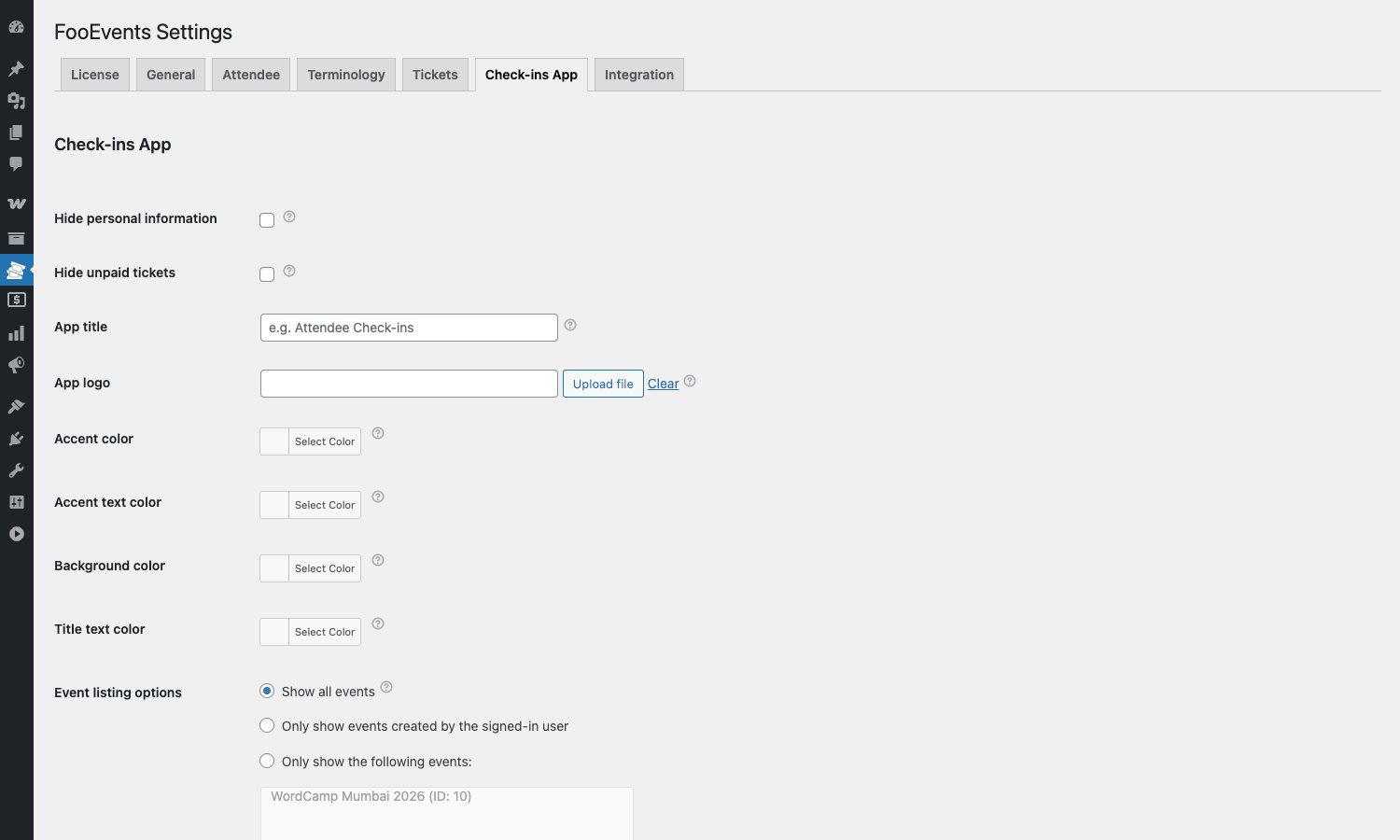 FooEvents Check-ins App configuration screen FooEvents Check-ins App tab in the WordPress settings showing app branding and event selection options