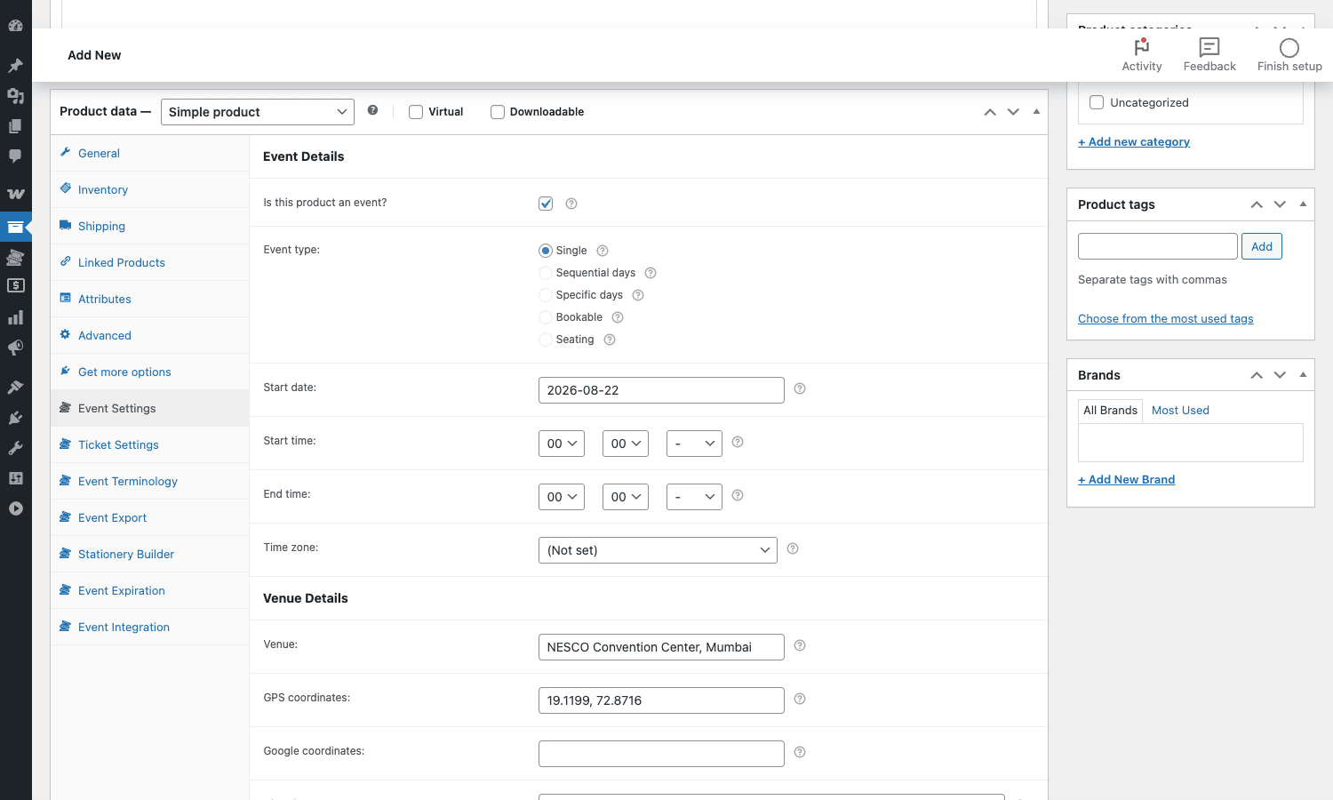 FooEvents Event Settings tab in the WooCommerce product editor FooEvents Event Settings tab inside the WooCommerce product editor with a sample event configured