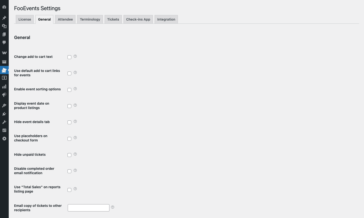 FooEvents Settings page, General tab FooEvents Settings page, License tab, in the WordPress admin