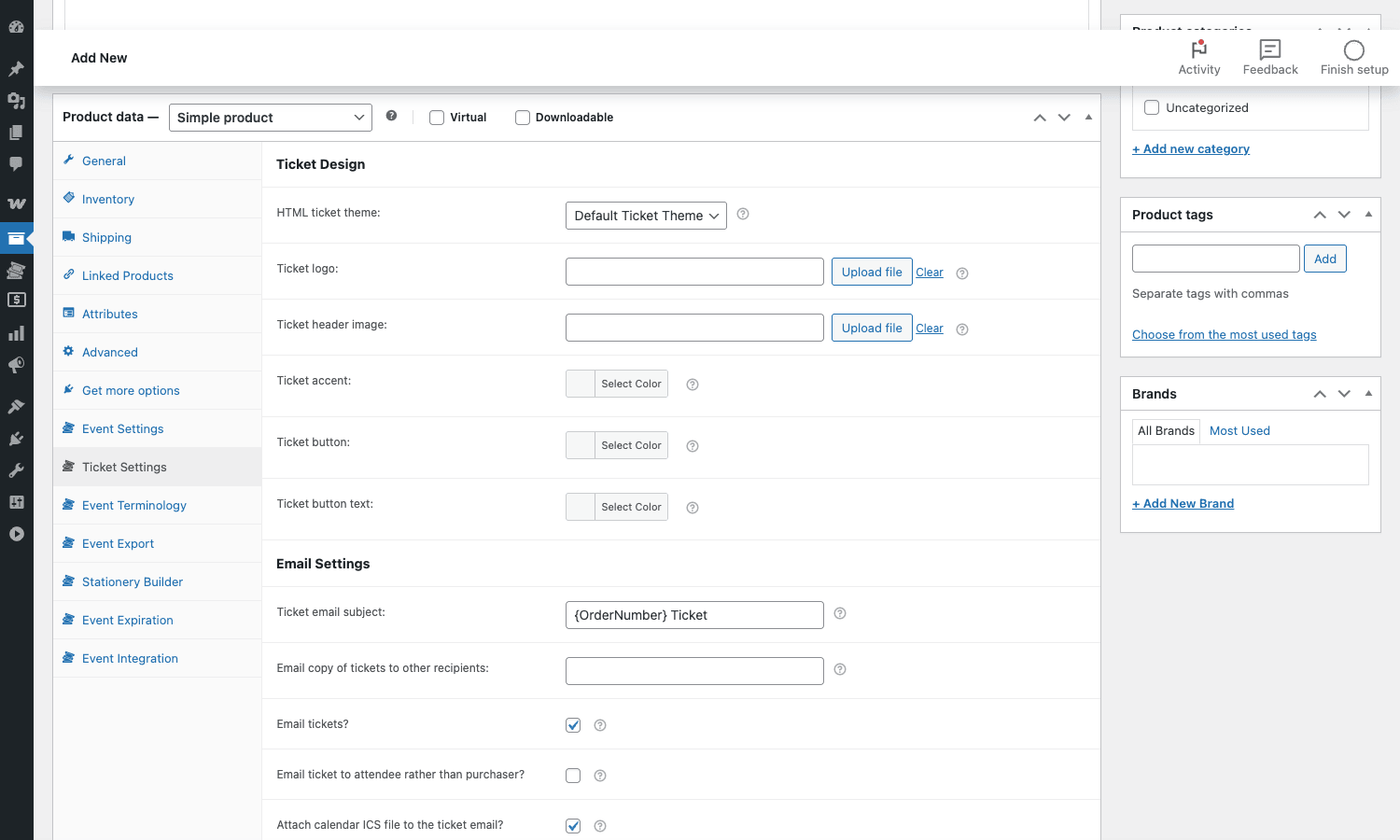 FooEvents Ticket Settings tab in the WooCommerce product editor FooEvents Ticket Settings tab in the WooCommerce product editor with email and ticket design fields