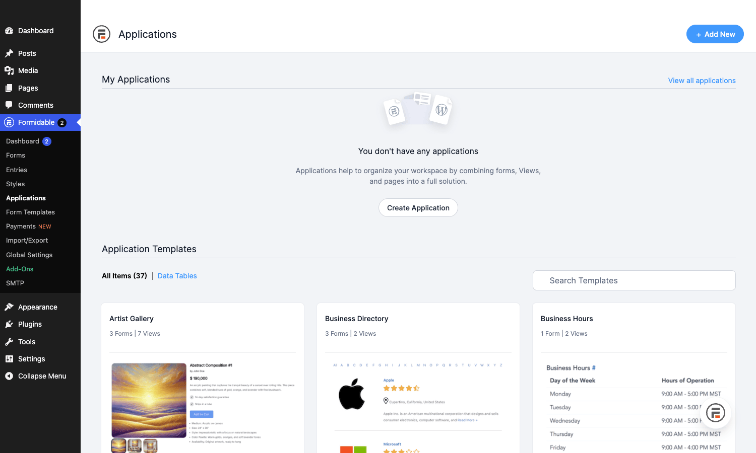 Formidable Applications gallery with 37 templates including Business Directory, Artist Gallery, and Business Hours