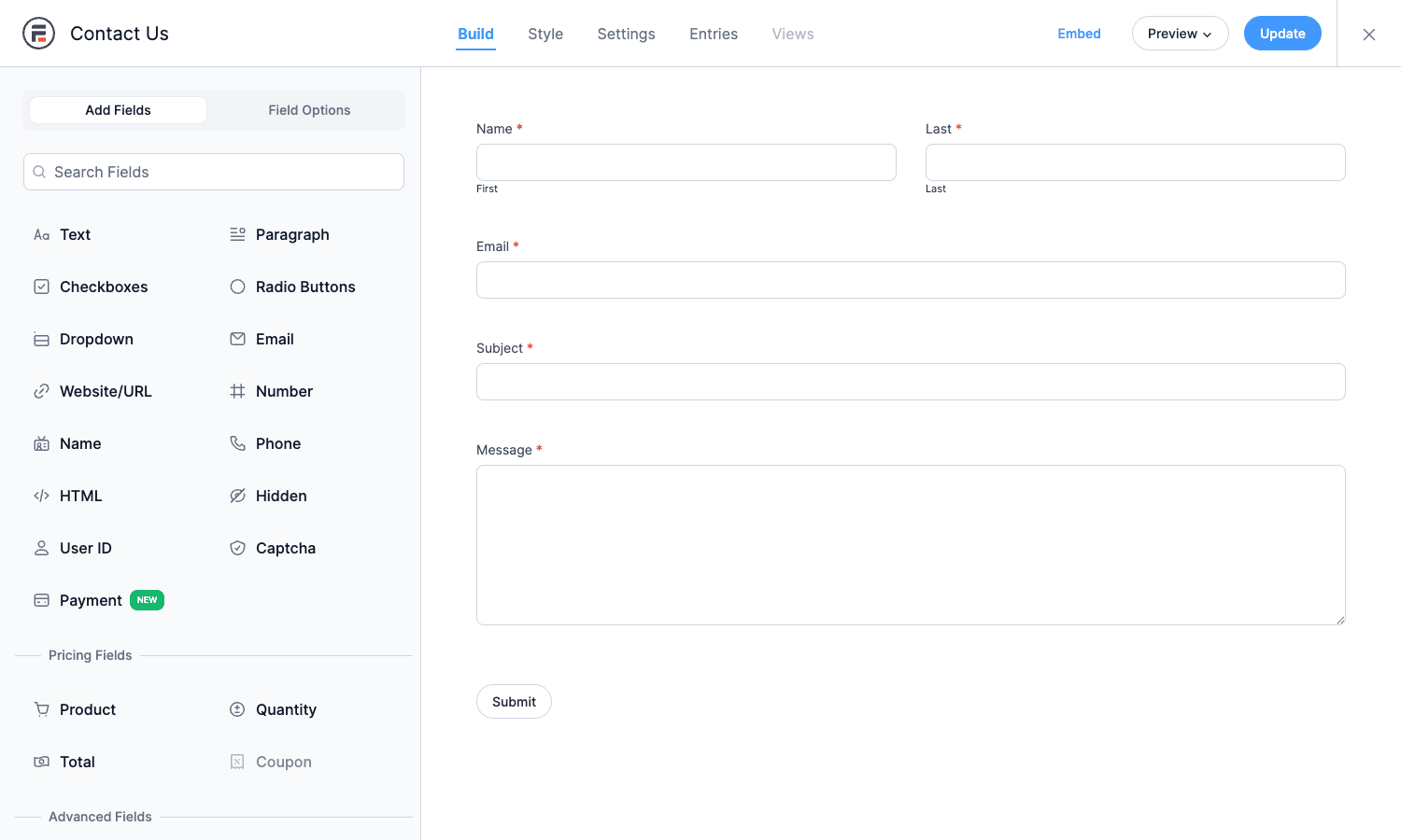 Formidable Forms drag-and-drop builder with the Contact Us form open