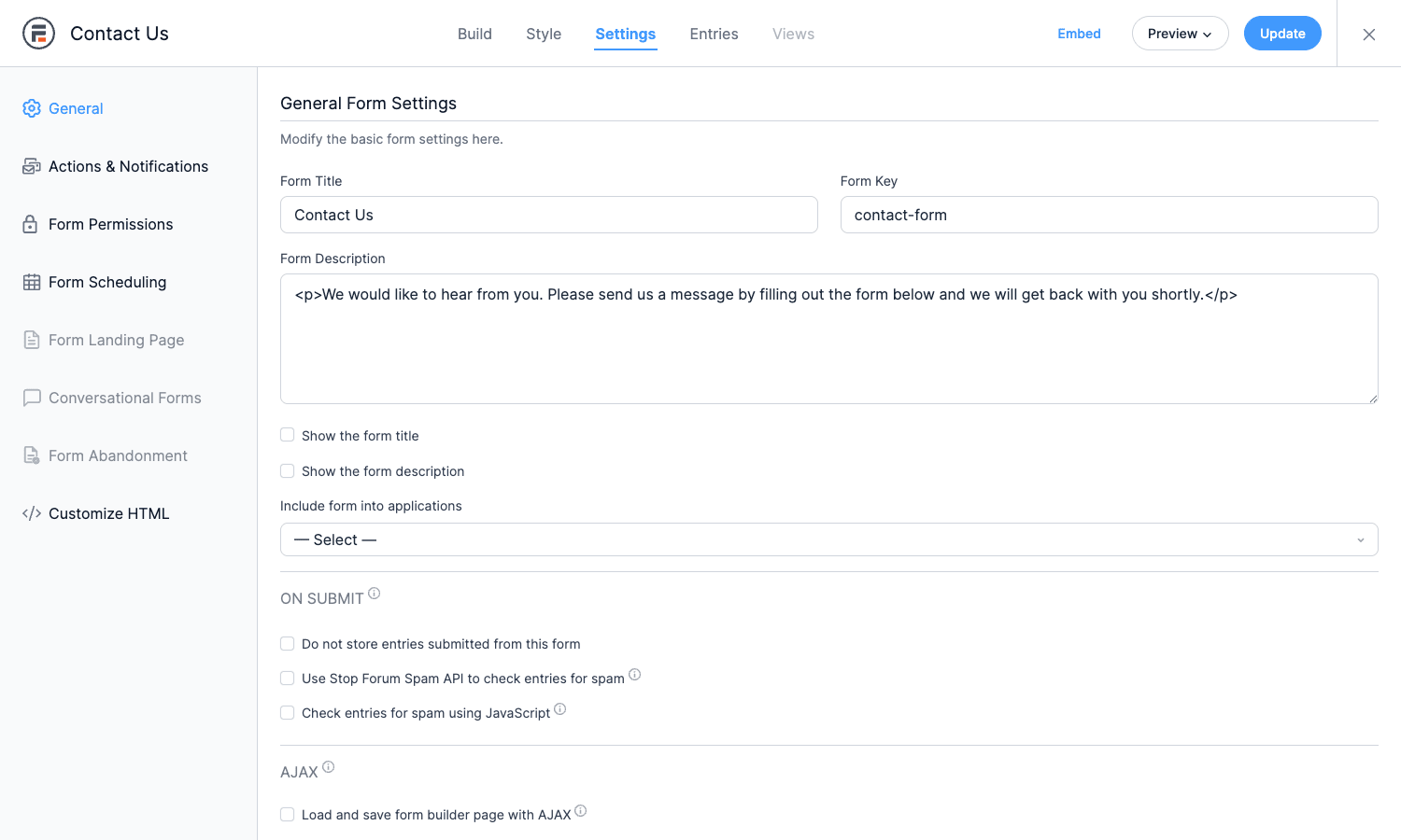 Formidable Forms general settings panel with permission, scheduling, landing page, and conversational forms tabs