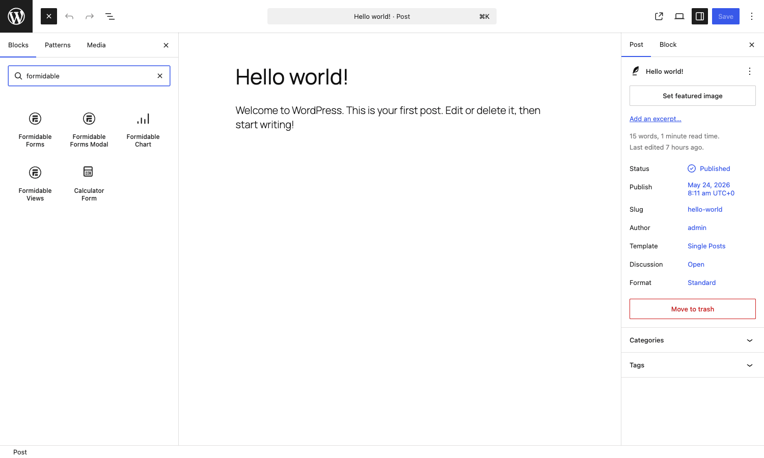 Gutenberg block inserter showing Formidable Forms, Modal, Chart, Views, and Calculator blocks