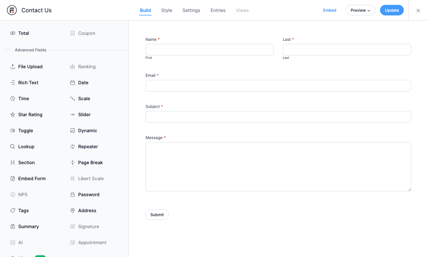 Advanced Pro fields including Repeater, Lookup, Signature, NPS, Tags, Address, and Star Rating