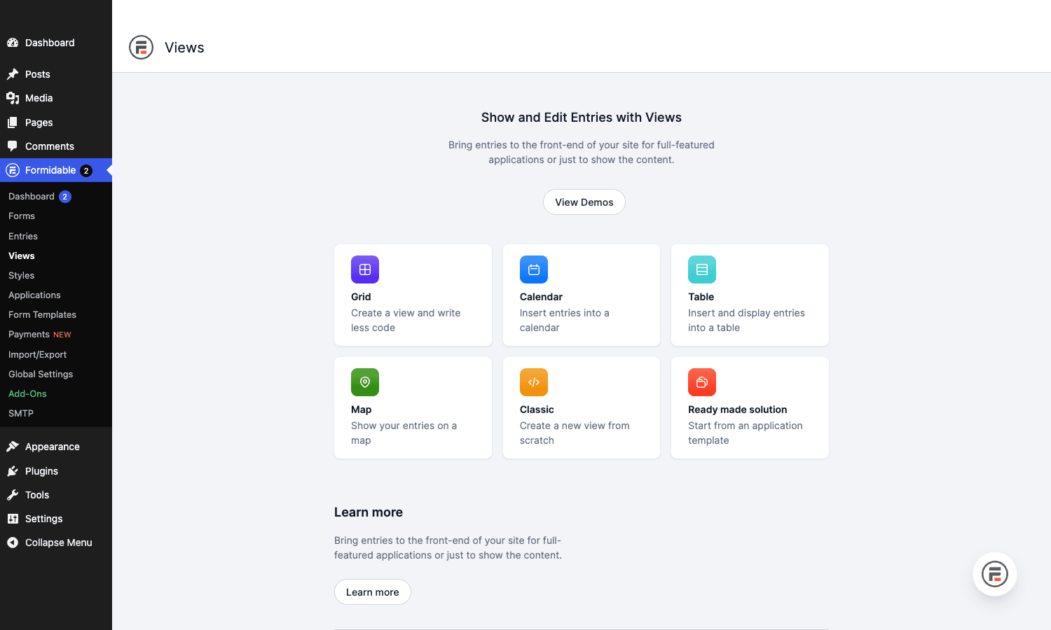 Formidable Views landing page with Grid, Calendar, Table, Map, Classic, and Ready-made solution options