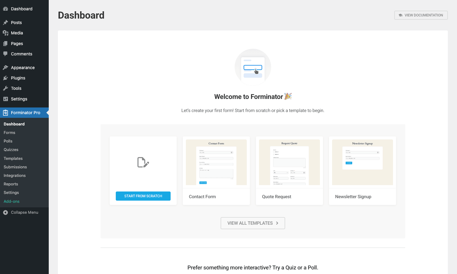 Forminator Pro Dashboard with Welcome screen and template cards