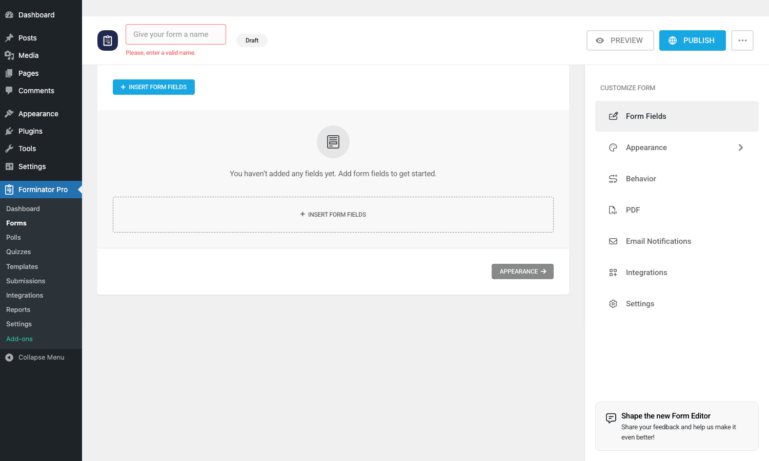 Forminator form builder showing field insertion sidebar with Form Fields, Appearance, Behavior, PDF, Email Notifications, Integrations
