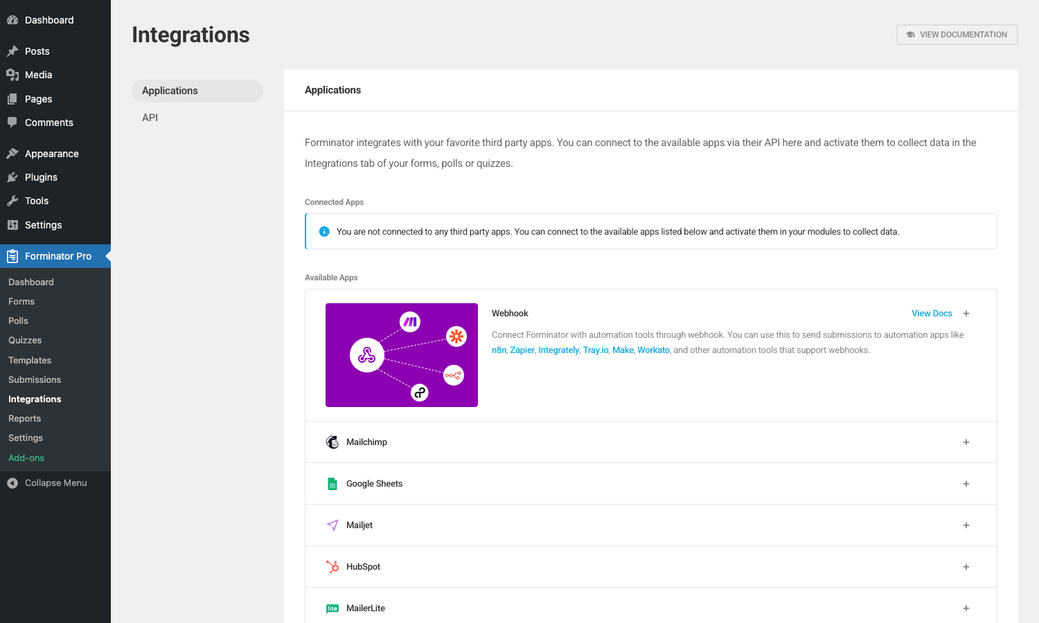 Forminator Integrations page with Webhook, Mailchimp, Google Sheets, Mailjet, HubSpot, MailerLite