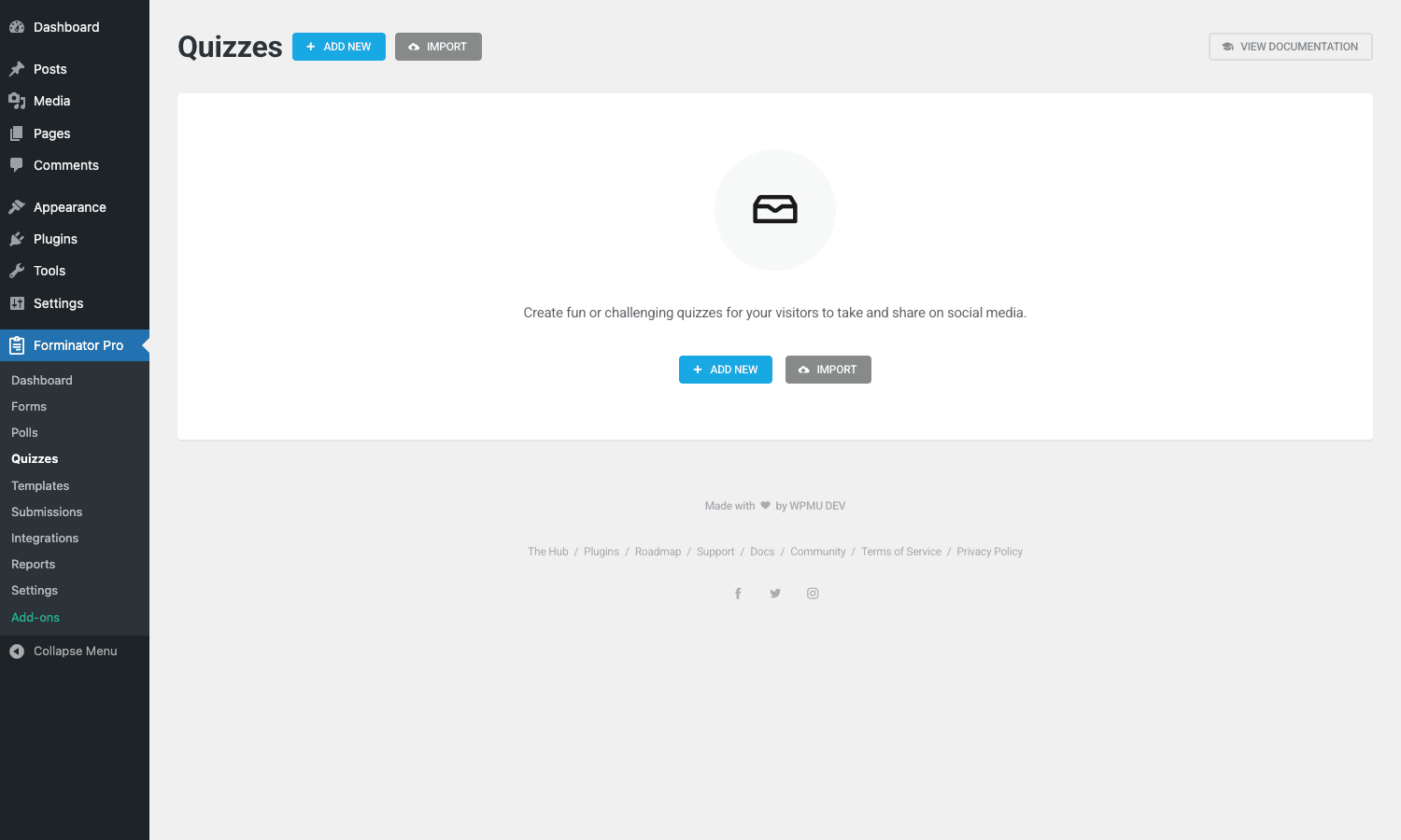 Forminator Quizzes list page