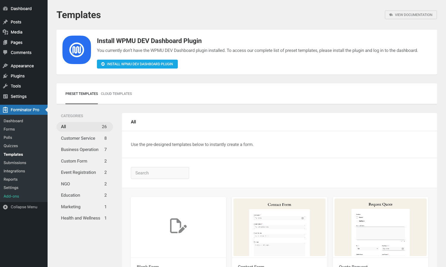 Forminator Templates page with category filter
