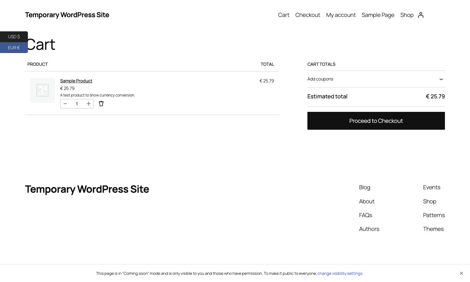 FOX Currency Switcher Pro - Cart with EUR total FOX Currency Switcher Pro cart page showing converted EUR totals
