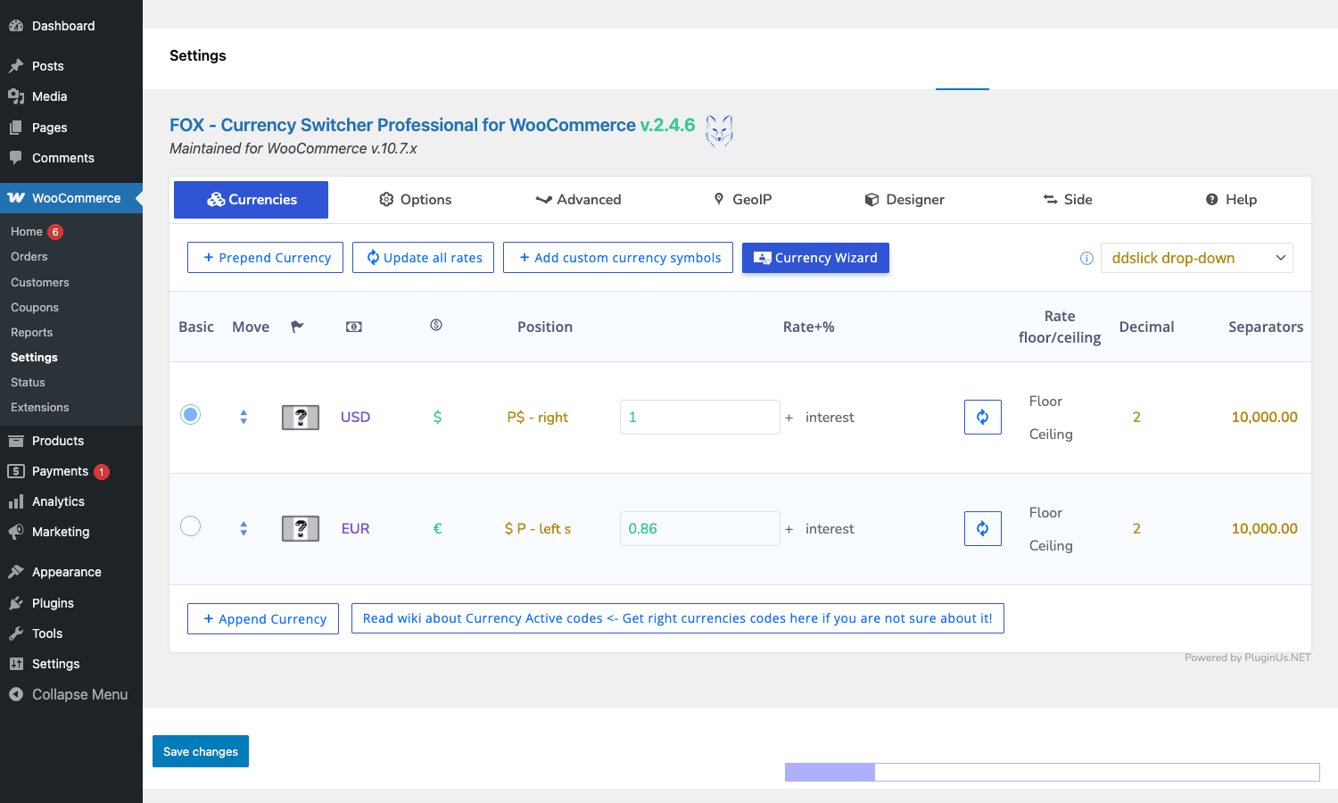 FOX Currency Switcher Pro - Currencies tab FOX Currency Switcher Pro Currencies tab in WooCommerce admin showing USD and EUR rate table with positions and decimals