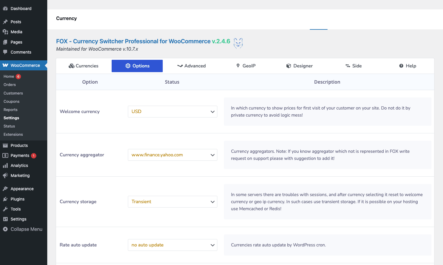 FOX Currency Switcher Pro - Options tab FOX Currency Switcher Pro Options tab showing welcome currency, aggregator, and storage settings